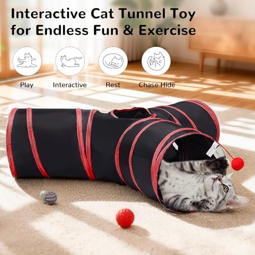 Cat Tunnel, 3-Way Collapsible Toy for Indoor Cats, Black & Red (Black & Red / Small)