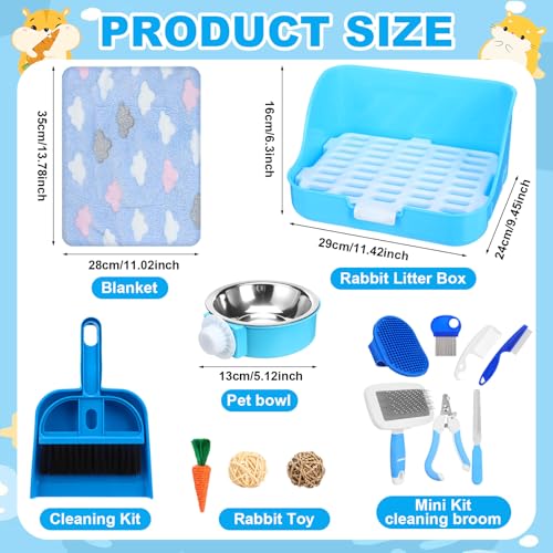 15 Pcs Rabbit Starter Kit Small Rabbit Litter Box Girls Gift Animal Grooming Kit Bunny Toys Bowl Blankets with Cleaning Set for Guinea Pig Accessories (Light Blue)