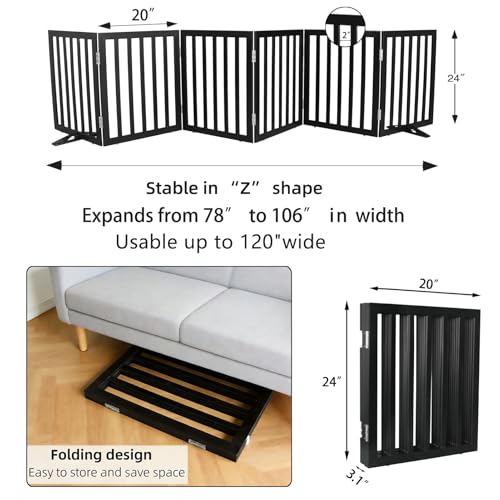 Freestanding Indoor Dog Gate for House Foldable Wood Puppy Gate for Doorways Pet Gate for Stairs Extra Wide Pet Fence (Black / 【6 Panels】120''w x 24''h)