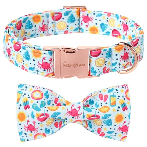Cartoon Dog Collar with Bow Spring Summer Collar with Flower Lemon Crab for Small Medium Large Boys Girls Dogs (M / Lemon crab bow)