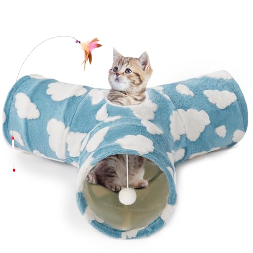 Cat Tunnel, 3-Way Collapsible Toy for Indoor Cats, Blue Cloud (Blue Cloud / Small)