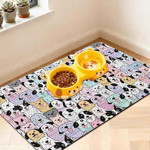 Pet Feeding Mat for Floors Cat Food Mat Waterproof Dog Food Mat and Water Absorbent Quick Dry Non Slip Mat for Cat Bowls (20"L x 12"W / ColorfulDog)