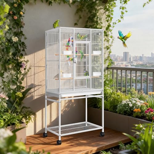 54 Inch Wrought Iron Large Bird Cage with Rolling Stand (White)