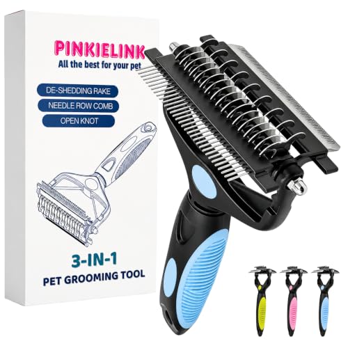 3-IN-1 Pet Grooming Tool - Undercoat Rake, Dematting Comb & Deshedding Brush for Cats, Dogs, Horses - Removes Mats, Tangles & Loose Fur, Reduces Shedding & Prevents Hair Mess (Blue) (Blue)