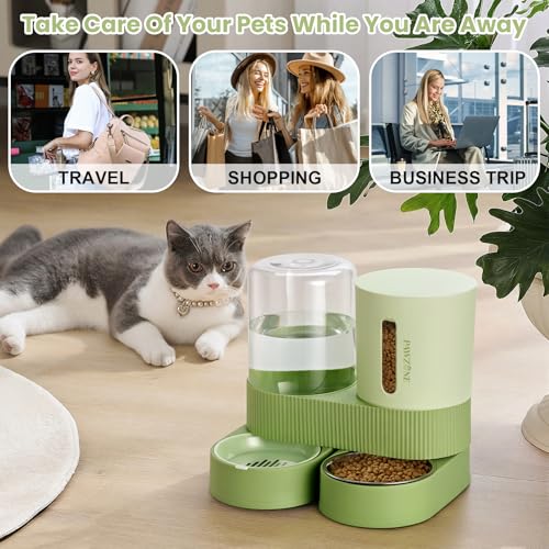 Automatic Cat Feeder Stainless Steel Water Dispenser Gravity Food Feeder and Waterer Set with Pet Food Bowl for Small Medium Kitten Puppy Pets Large Capacity (Green)