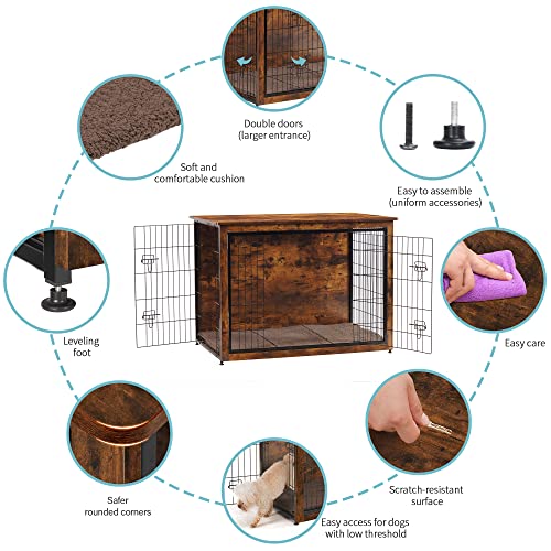 43.3" XXL Dog Crate Furniture with Cushion (Rustic Brown / 43.3"L x 29.1"W x 31.7"H)