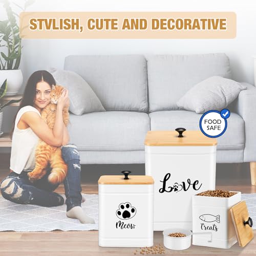 Metal Airtight Cat Food Containers Set of 3 with Bamboo Lids and Spoon 7+3+2 Lbs Cat Treat Storage Container Countertop with DIY Labels Pet Cookie Organizer Jars for Kitchen Counter (White)