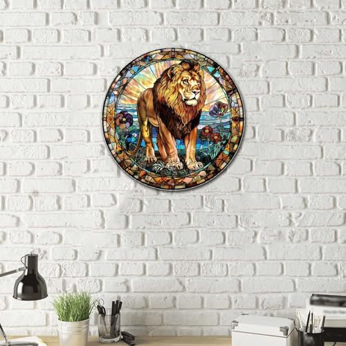 Metal Sign Tin Sign Circular Stained Glass Lion Vintage Decor for Garden 8×8 Inches (8×8 Inches / Lion-3)