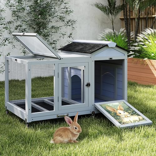 39IN Heated Rabbit Hutch with Wheels (Grey)