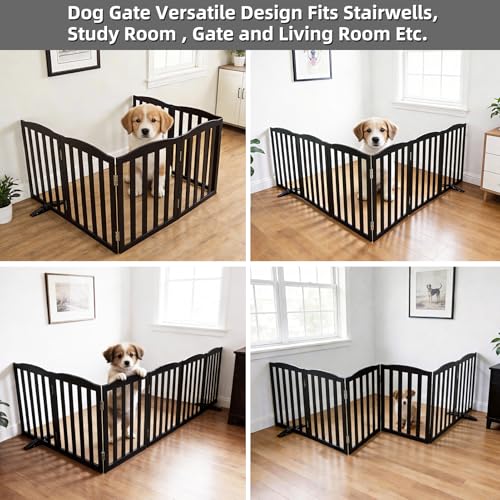 Foldable Freestanding Indoor Dog Gate for House Wood Long Pet Gates Dog Fence for Stairs Puppy Gates for Hallways (Black / 【6 Panels】120''w X 32''h)