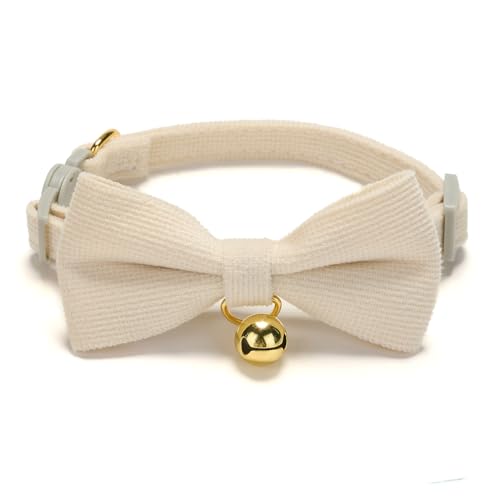 2 Pack Soft Corduroy Cat Collars with Bow Tie & Bell Adjustable Breakaway Kitten Bowtie Collar for Female Male Cats (S:Neck 7.0" - 11.0" / Corduroy-White Pink)