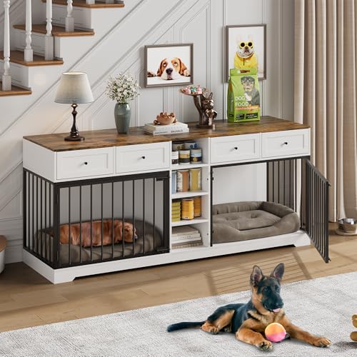 82" Double Dog Crate Furniture with Drawers and Shelves (White / 81.9"L x 23.6"W x 33.5"H)