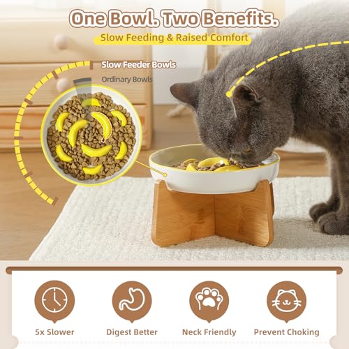 Ceramic Slow Feeder Cat Bowl (Yellow Elevated (Bamboo) / 3.7"H Elevated (Bamboo))