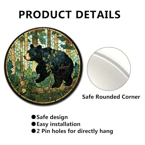 Metal Sign Tin Sign Circular Stained Glass American Black Bear Minimalist Wall Art for Garage 8×8 Inches (8×8 Inches / American Black Bear-1)