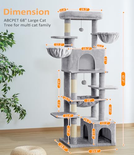 68" Multi Level Large Cat Tree Tower for Indoor Cats (Light Grey)