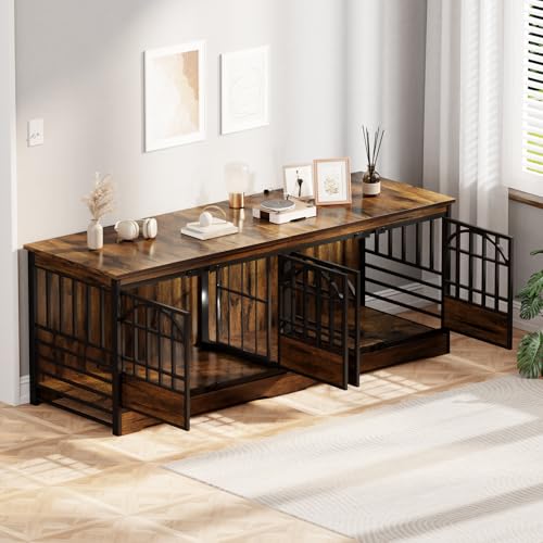 86" Double Dog Crate with Divider (Cognac Brown / 28.0"L x 86.0"W x 32.0"H)