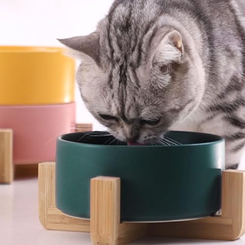 Dog Bowls Green Ceramic Cat Dog Bowl Set with Stand for Food and Water Feeder (Deep Green / 400ML*2)