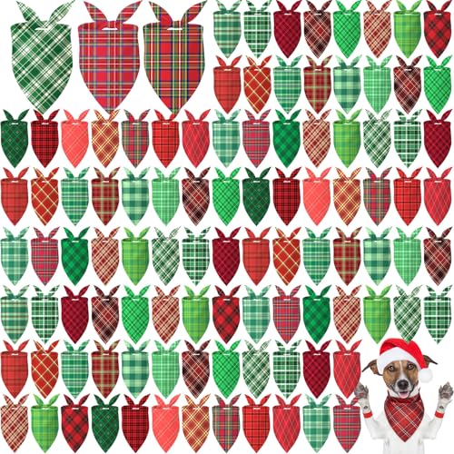 100 Pcs Christmas Plaid Dog Bandanas Bulk (Christmas Plaid / 19.7 x 13.8 x 13.8 Inch)