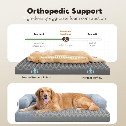 Orthopedic Waterproof Jumbo Dog Bed with Bolster for Extra Large Dogs (53.0"L x 42.0"W x 8.0"Th / Grey)