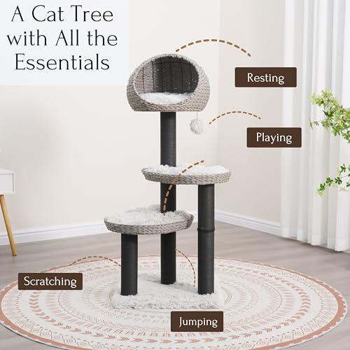 50 Inch Cat Tree with Hooded Basket Bed and 2 Platforms (Black and Gray)