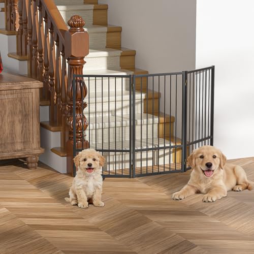Full Metal Freestanding Dog Gate with Door (【3 Panels】60"W*36H" / Black)