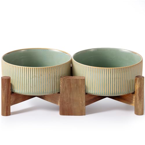 Ceramic Dog Bowls Set with Acacia Wood Stand (Large-3.5Cups / Vintage Grey)