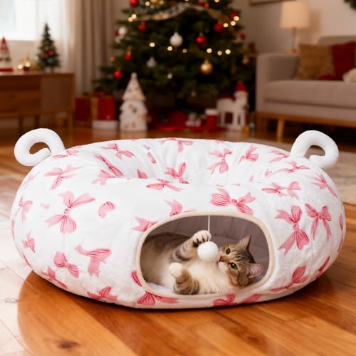 Cat Tunnel with Cat Bed for Indoor Cats (Pink)