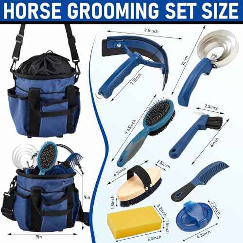 9 Pcs Horse Grooming Kit Tack Room Supplies (Classic / Dark Blue)