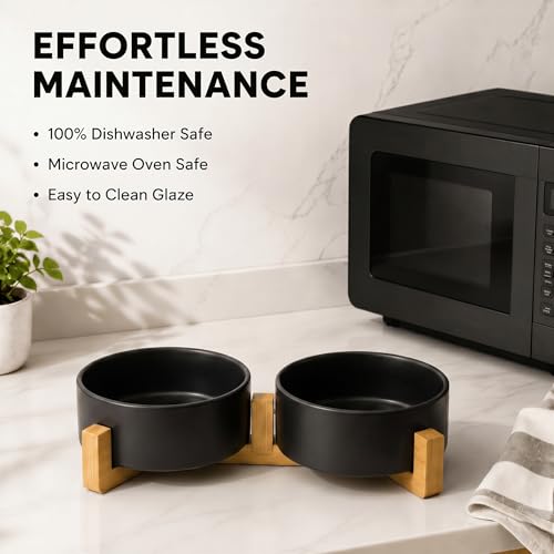 Ceramic Dog and Cat Bowl Set with Wooden Stand (1.7 cups / Black × 2)