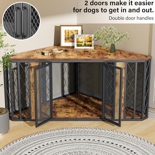 Corner Dog Crate Furniture for Medium to Large Dogs (Brown / 66.9"L x 36.8"W x 29.4"H)