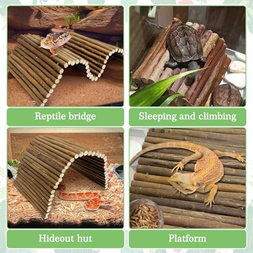 Bendable Wooden Reptile Hideout Ladder Bridge Hiding Hut Tunnel Toys Climbing Bridge Chew Toy Habitat Accessories for Bearded Dragons Ball Python Guinea Pigs Rabbits
