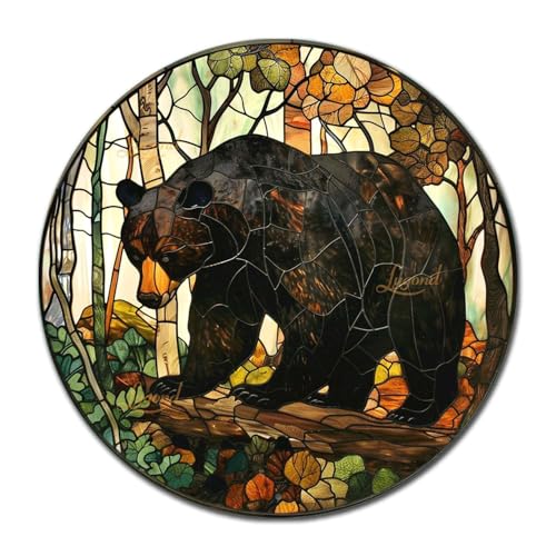 Metal Sign Tin Sign Circular Stained Glass American Black Bear Funny Outdoor Decor for Gift 12×12 Inches (12×12 Inches / American Black Bear-2)