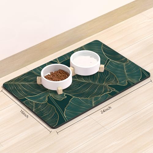 Dog Food Mat 16" x 24" Flower Absorbent Dog Cat Bowl Mat for Food and Water (Tropical Palm Leaves / 16"L x 24"W)
