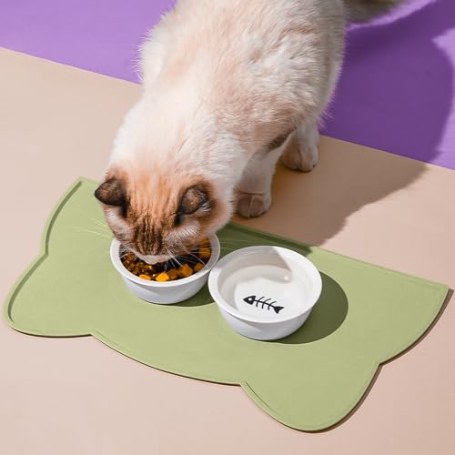 Cat Food Mat Silicone Non Slip Dog Bowl Mat Waterproof Cat Feeding Mat Stop Food Spills and Water Messes Out to Floor Pet Food Mat (Sage Green / 24'' x 14'')