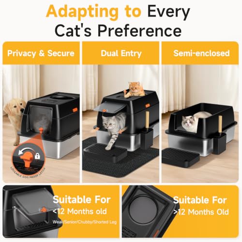 XL Enclosed Stainless Steel Litter Box with Lid (Black)