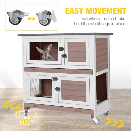 Rabbit Hutch Indoor Bunny Cage Outdoor 2 Story Pet House Guinea Pig Cage on Wheels 36" (Brown / 36.02"L x 17.72"W x 36.22"H)