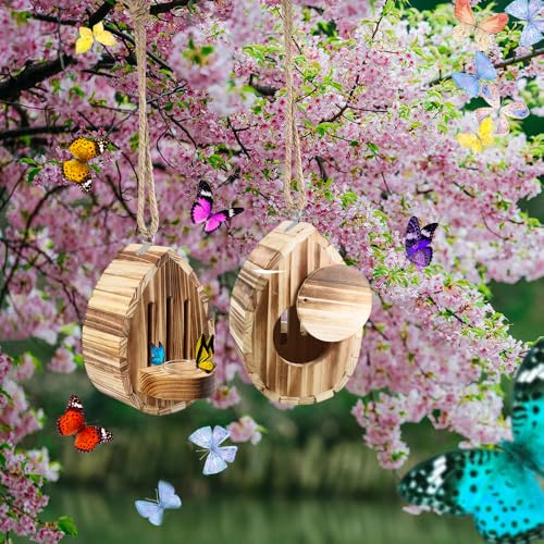 Butterfly House Wooden Habitat Natural Nesting Box Garden House with Feeder Hanging for Bee Butterfly Ladybirds for Garden Outside (Type A)