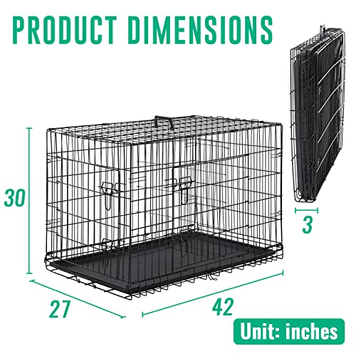 Dog Crate for Large Dogs 42 Inch Folding Metal WirePet Cage Double Door W (Black)