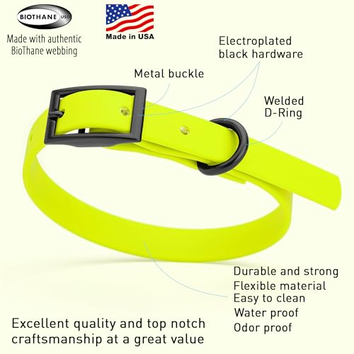 Biothane Waterproof Dog Collar Strong Coated Nylon Webbing with Black Hardware Odor (W1/2" x L9-12" / Safety Yellow)