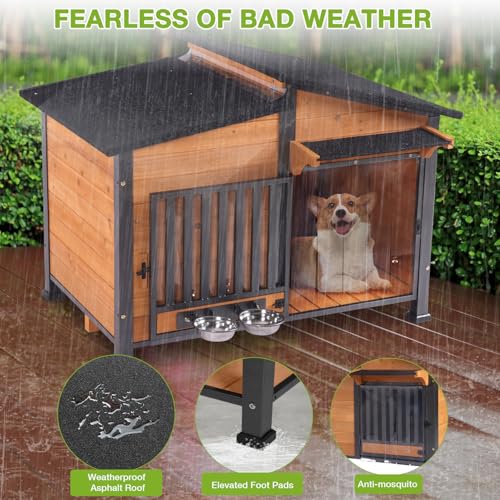 Dog House Outdoor with Bowls Weatherproof Dog Kennel with Anti