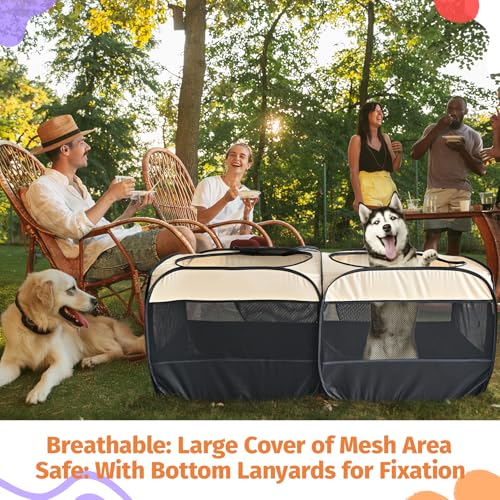 2-in-1 Dog Playpen 46.5''Pop Up Cat Pet Playpen, Assembly-Free Indoor Outdoor Kitten Enclosure, Kitten Pen Cat Cage Portable Puppy Tent Crates Kennel for Small Animals(No Divider, Unified Space) (Beige / S, 46.5"L x 24.1"W x 17"H)
