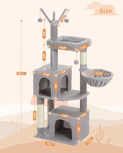 53 Inch Tall Cat Tree with 2 Condos for Indoor Cats (Gray / 53 inches)
