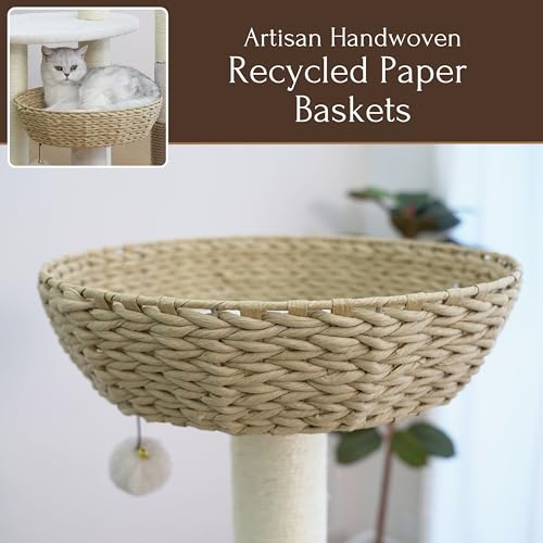 Handwoven Cat Tree with 2 Basket Beds & Sisal Scratching Posts (Beige)