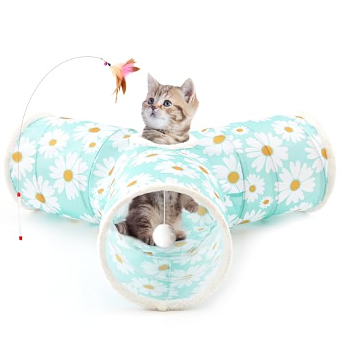 Cat Tunnel, 3-Way Collapsible Toy for Indoor Cats, Daisy Blue (Daisy Blue Printed / Small)