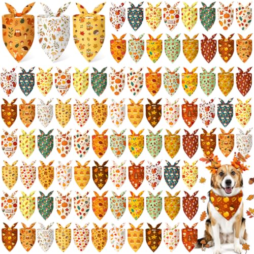 100 Pcs Fall Dog Bandanas Bulk Autumn Leaf Pumpkin Acorn Mushroom (Woodland Autumn / 25.6 x 17.7 x 17.7 Inch)