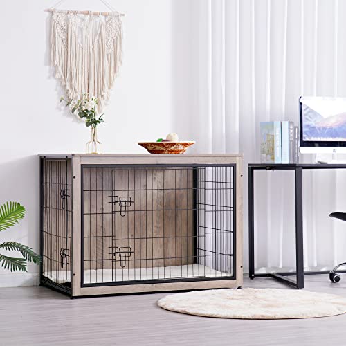 43.3" XXL Dog Crate Furniture with Cushion (Greige / 43.3"L x 29.1"W x 31.7"H)
