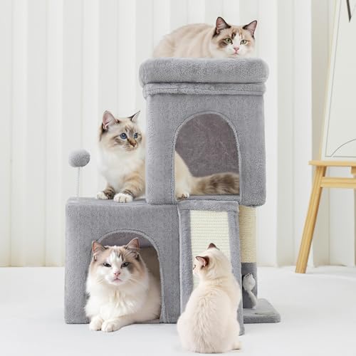 24inch Tall Cat Tree with 2 Cat Condo and Mouse Toy Cozy Small Cat Tower with Scratching Post and Board for Kitties and Small Cats.（Light Grey） (22*13*28)