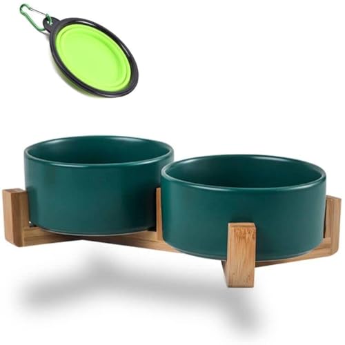 Dog Bowls Green Ceramic Cat Dog Bowl Set with Stand for Food and Water Feeder (Deep Green / 850ML*2)