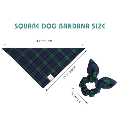 Christmas Blue Green Plaid Dog Bandanas Matching Scrunchie Small (03-plaid green / Small-set of 1)