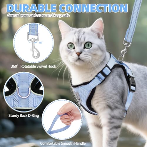 Cat Harness and Leash Set Escape Proof Reflective Cat Walking Harness Adjustable Soft Breathable Mesh Vest for Small Pets (M (NECK 11"-13.7", CHEST 16"-20") / Sky Blue)